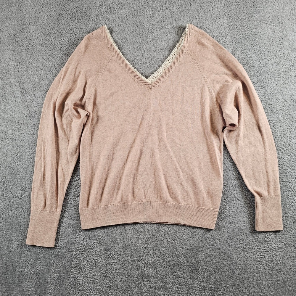 Zara Lace Trim V-Neck Sweater Blush Pink Knit Lyocell Wool Blend Large